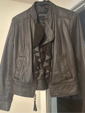 Nine West Dark Brown Leather Ruffle-Front Jacket